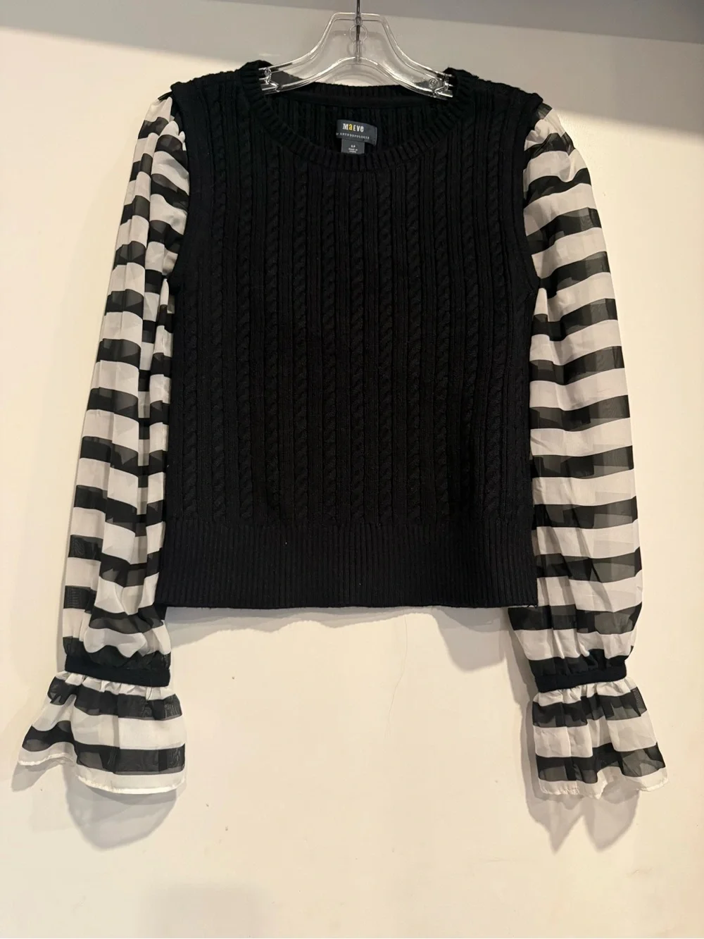 Maeve Anthropologie Women's Black Sheer Striped Puff Sleeve Cable Sweater SP